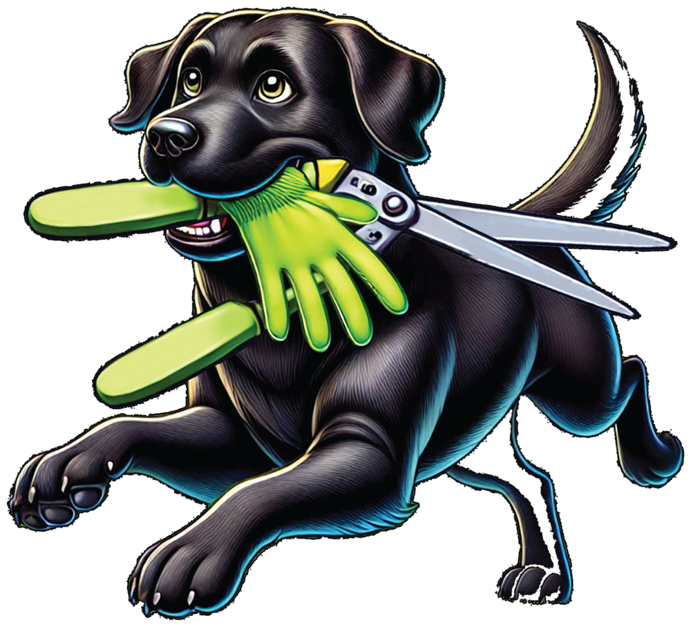 Metro West Lawn & Landscape brand mark — black Labrador running with green pruning shears and gardening glove